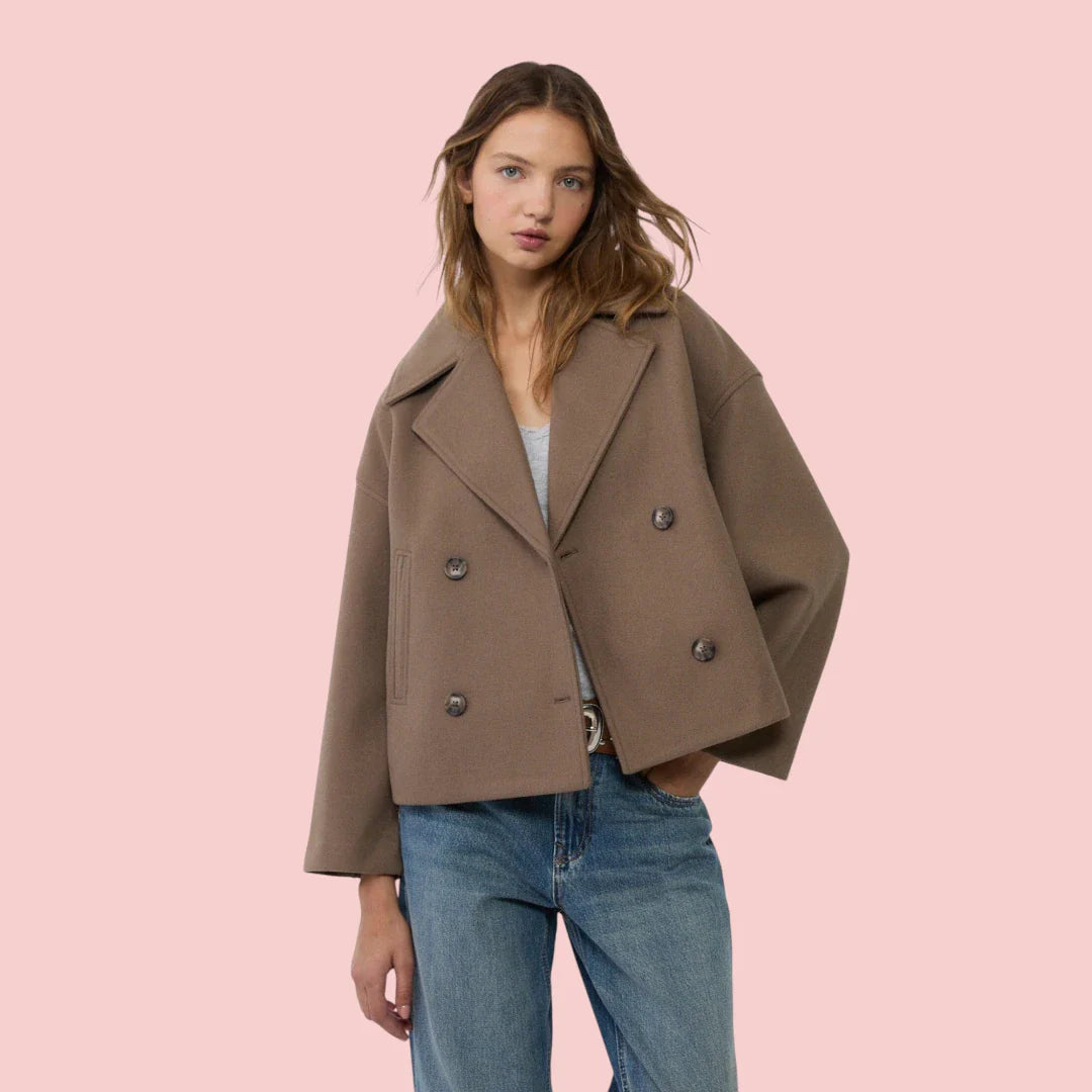 Dames Blazer – Korte Wolmix Blazer met Dubbele Rij Knoopsluiting voor Tijdloze Look