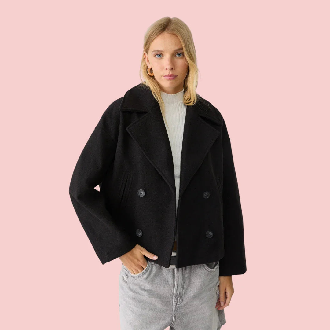 Dames Blazer – Korte Wolmix Blazer met Dubbele Rij Knoopsluiting voor Tijdloze Look