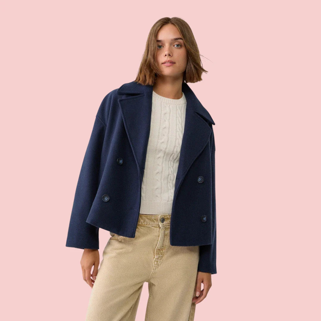 Dames Blazer – Korte Wolmix Blazer met Dubbele Rij Knoopsluiting voor Tijdloze Look