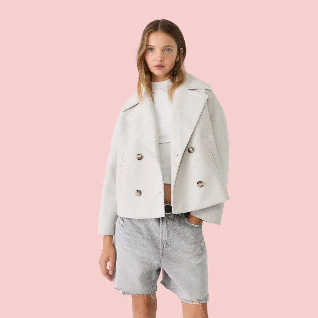 Dames Blazer – Korte Wolmix Blazer met Dubbele Rij Knoopsluiting voor Tijdloze Look