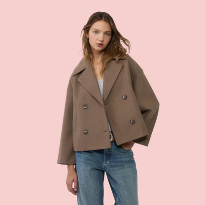 Dames Blazer – Korte Wolmix Blazer met Dubbele Rij Knoopsluiting voor Tijdloze Look