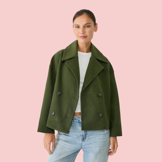 Dames Blazer – Korte Wolmix Blazer met Dubbele Rij Knoopsluiting voor Tijdloze Look